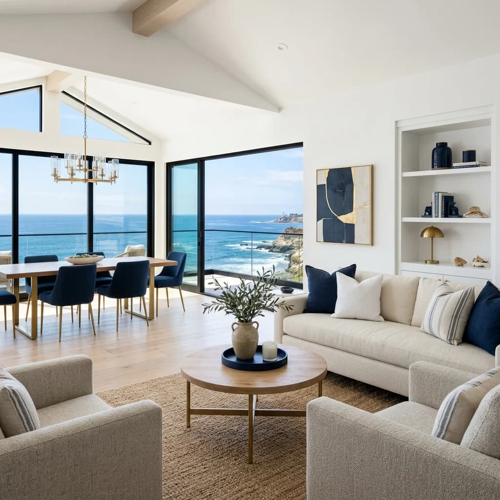 Clean modern Carlsbad home interior with white-oak floors — Swell Contracting