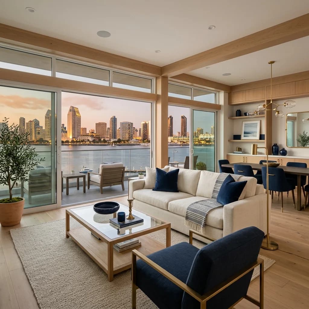 Bright coastal-modern San Diego home interior with white-oak floors — Swell Contracting