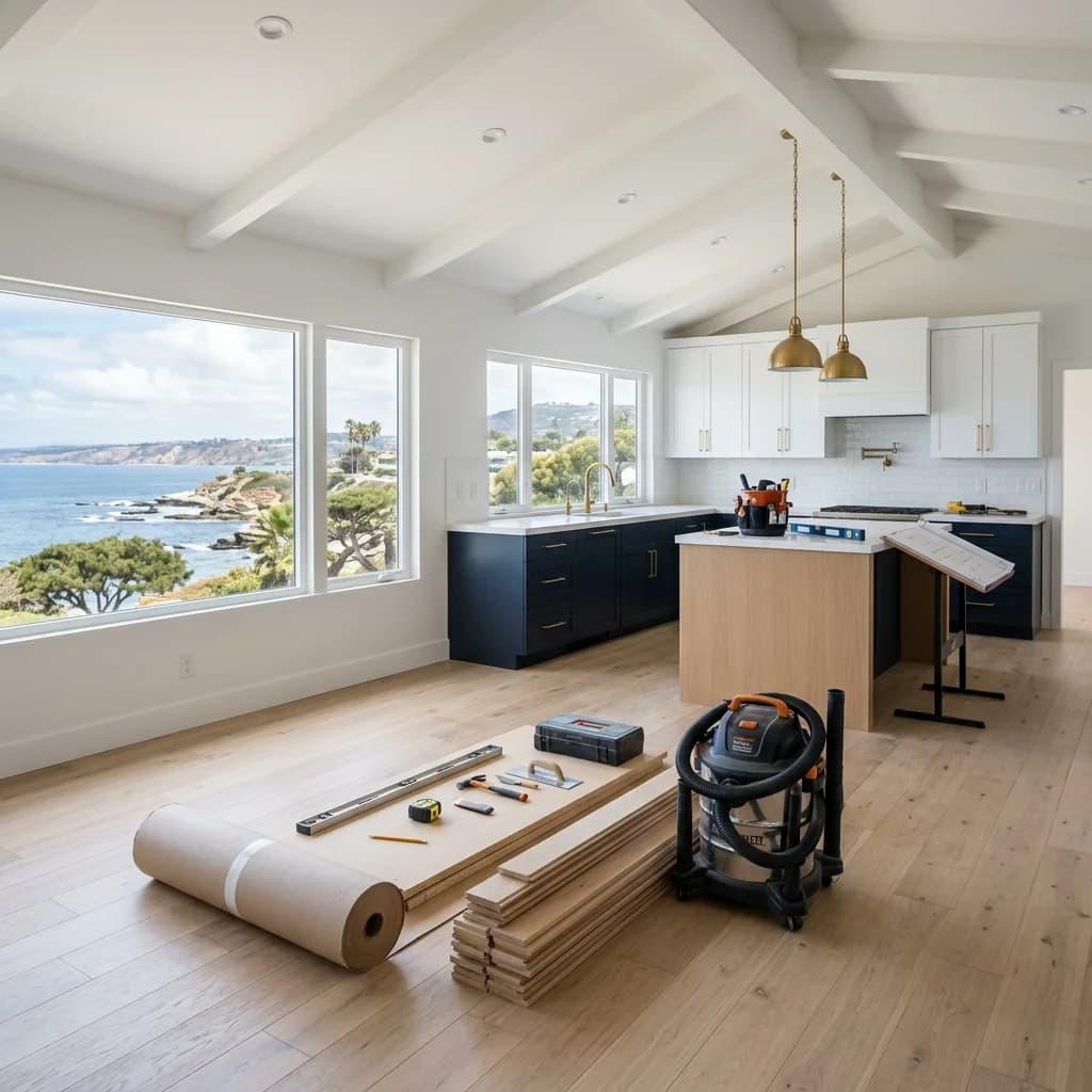A clean, organized coastal San Diego renovation in progress, with tools and materials staged on a bright jobsite, the way one accountable team works