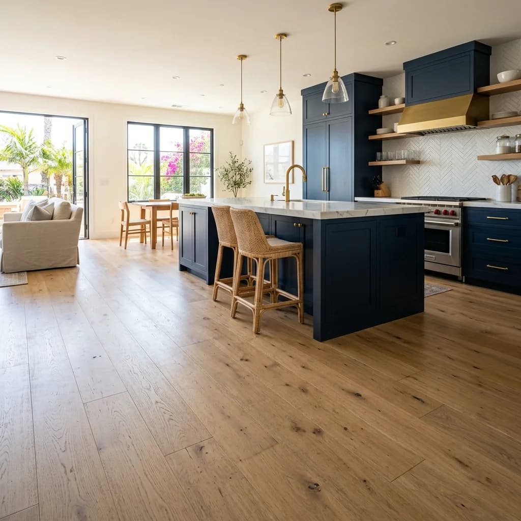 Coastal-modern San Diego interior with white-oak floors and clean architecture, the look Swell Contracting and Tidal Flooring build together