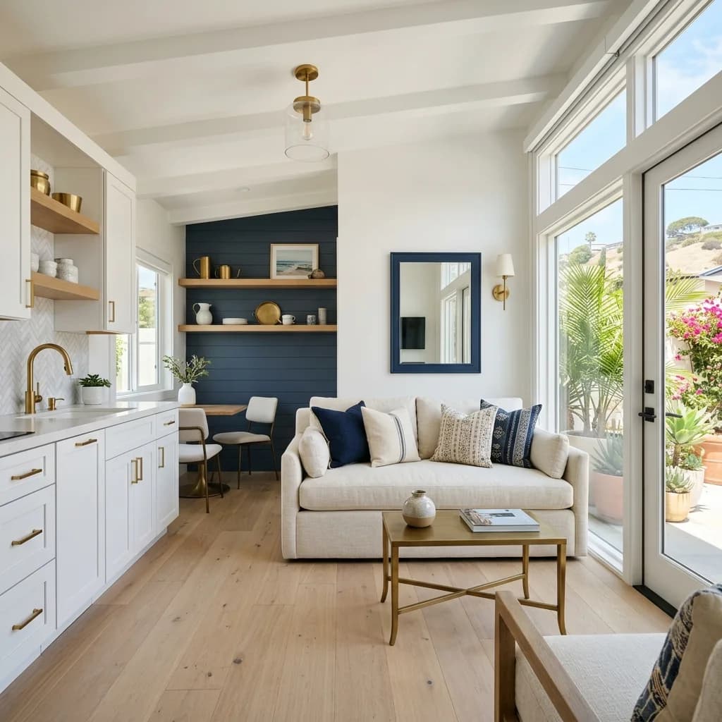 Bright, airy San Diego ADU interior with white-oak floors and navy-and-brass accents — Swell Contracting