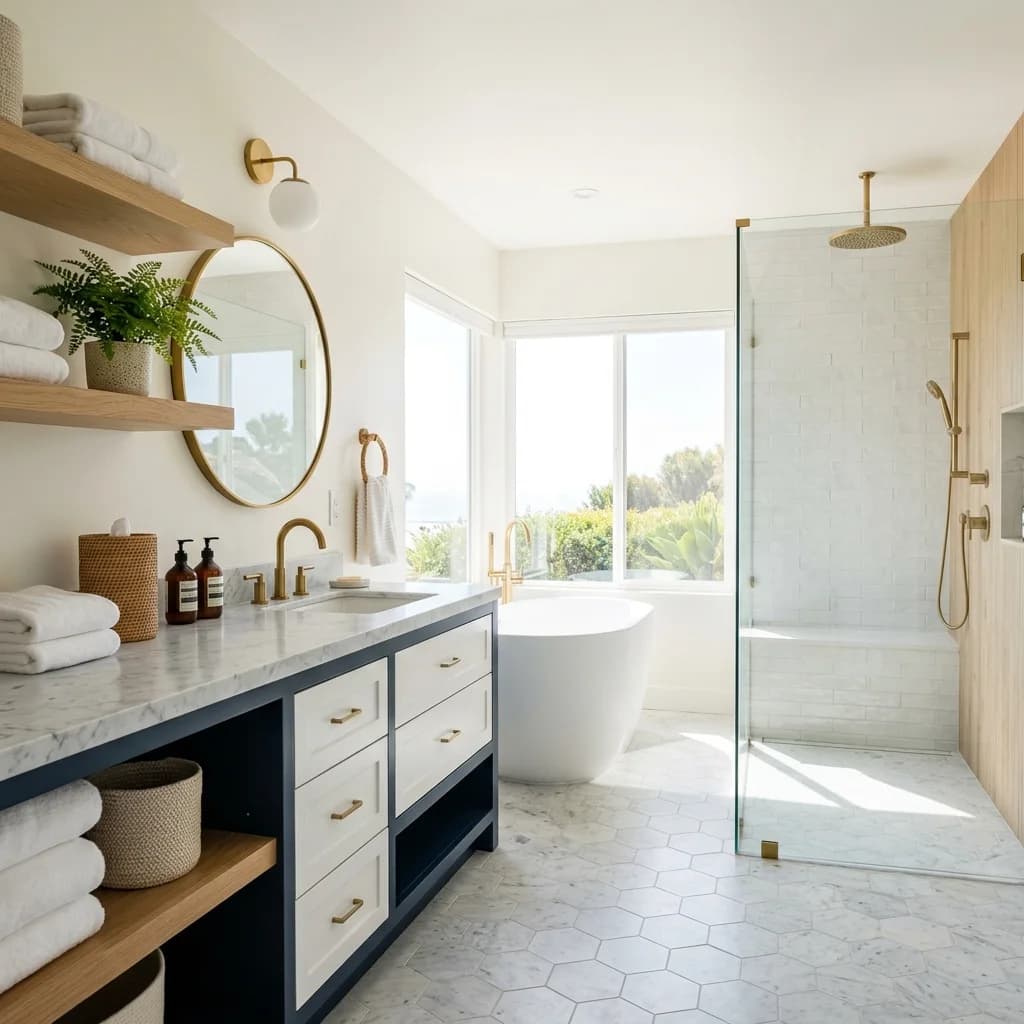 Spa-style San Diego bathroom with marble tile, a freestanding tub, navy vanity, and brass fixtures — Swell Contracting