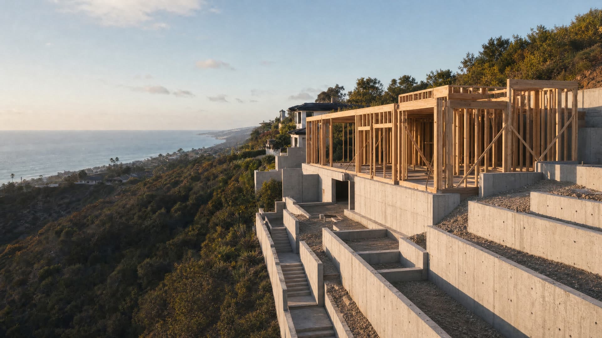 Coastal hillside home progressing from framing to finished construction with the Pacific Ocean below