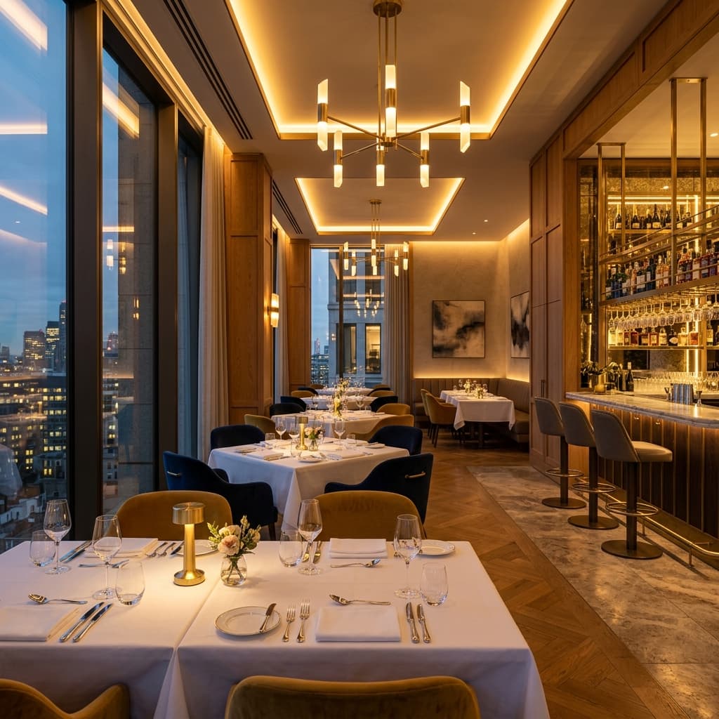 An ultra-realistic, high-end luxury restaurant interior build-out with premium lighting and materials — Swell Contracting