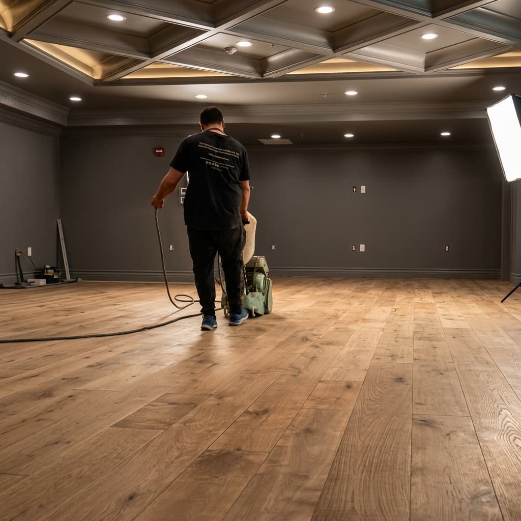 A worker sanding a hardwood floor with a dustless machine — Tidal Flooring, San Diego