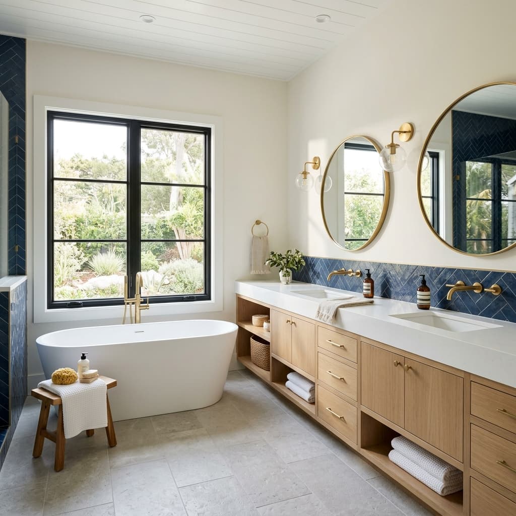 Primary Bath — finished look (coastal-modern design concept) by Swell Contracting